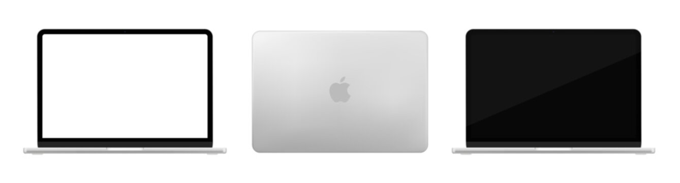 Photorealistic detailed New Apple Macbook NEO 2026 Silver mockup. Front and rear view on isolated on transparent background. Vector editorial illustration