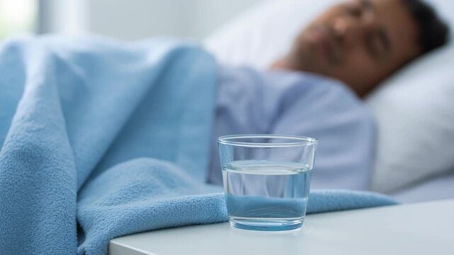 Rest and Rejuvenation: A serene scene unfolds as a person rests peacefully in a bed. A glass of water sits ready on the bedside table, symbolizing care and well-being.