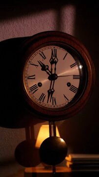 Vintage pendulum clock showing the time with warm light and shadows