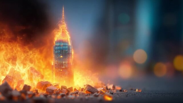 Burning Skyscraper: A surreal image of a skyscraper engulfed in flames. Flames billow from the windows, casting an ominous glow against the night sky, and rubble. 