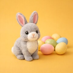 Obraz premium Illustration of cuddly gray stuffed bunny with colorful eggs on yellow background