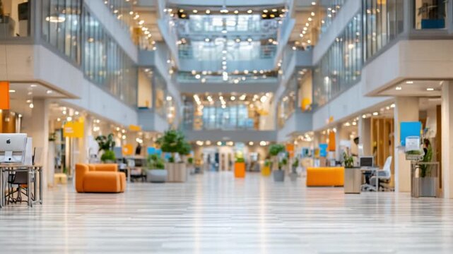 Modern Corporate Oasis: A modern, expansive interior showcasing a sophisticated office environment with multiple levels, natural light, and contemporary design elements.