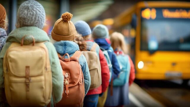 Children waiting for the bus: A group of young children, backpacks in tow, eagerly line up for the school bus, capturing the anticipation and excitement of the school day.