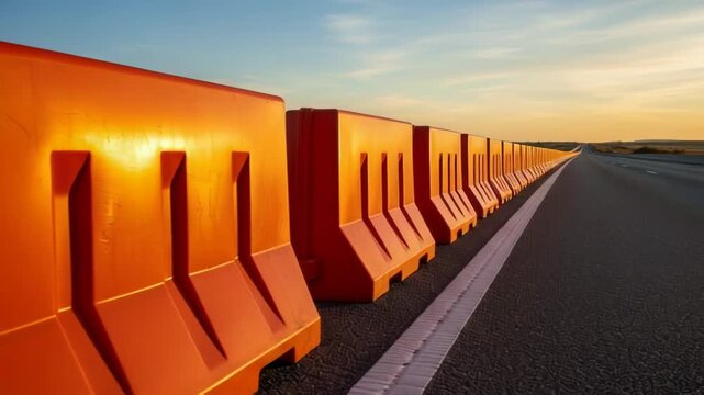 Orange plastic road barriers lined up on the highway shoulder. Safety construction equipment for traffic control during sunset. Infrastructure and zoning concept.