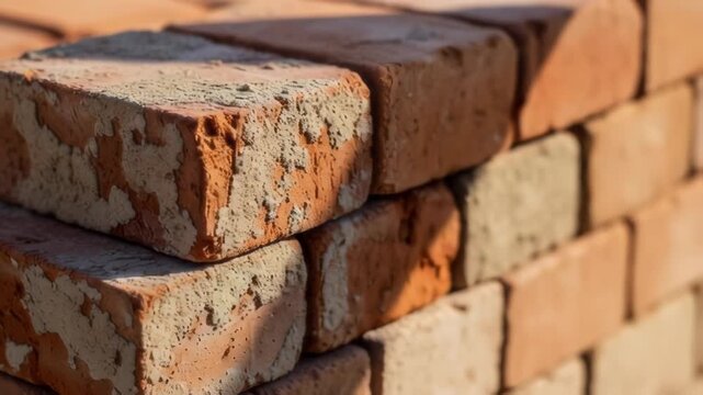 Stack of red clay bricks prepared for construction work. Masonry materials for building wall exterior. Industrial building block for renovation and architecture.