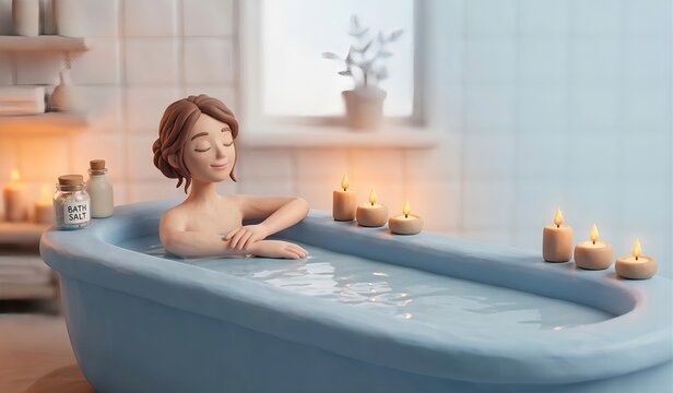 クレイアニメ風のバスタブで半身浴をしてリラックスする女性（美容・健康・バスタイム）