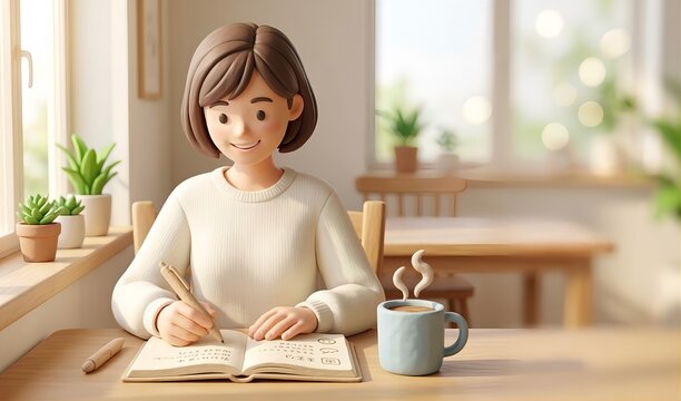クレイアニメ風の朝の光の中でコーヒーと手帳を楽しむ人物（朝活・自己啓発・ライフスタイル）