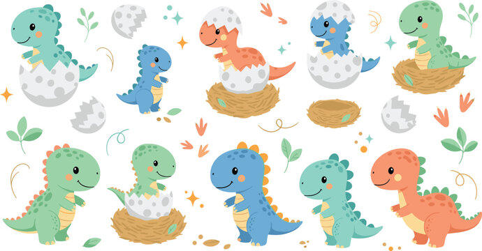 Cute baby dinosaurs hatching from eggs in nests cartoon prehistoric animals vector illustration set for kids