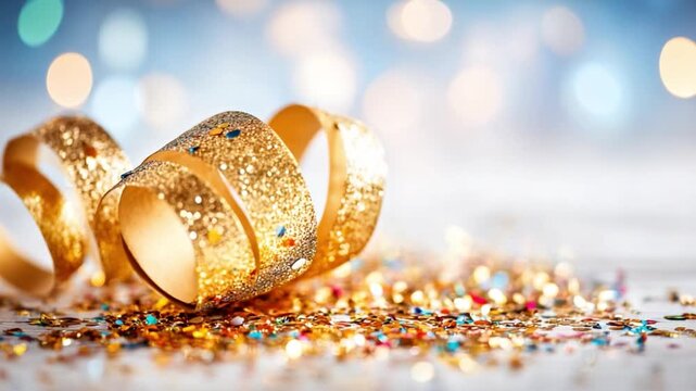 Glittering Gold Serpentine: Shimmering gold serpentine ribbon unfurls amidst a cascade of colorful confetti, creating a scene of joyful celebration and festive delight.