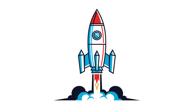 Powerful rocket ship launching into space with clouds of smoke and fire trail behind it for business success or start-up growth themes.
