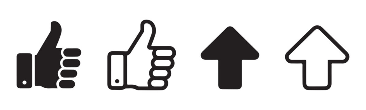 Thumb up and up arrow symbols isolated on white background in solid and outline styles