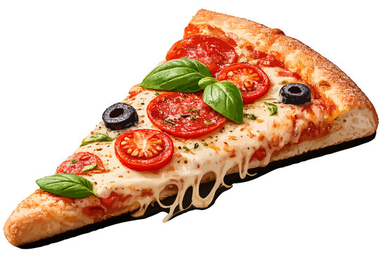 Delicious Pizza Slice with Melted Cheese, Tomato, Basil and Olives Isolated on Black Background
Close-up of a delicious pizza slice topped with melted cheese, fresh tomato slices, basil leaves, and