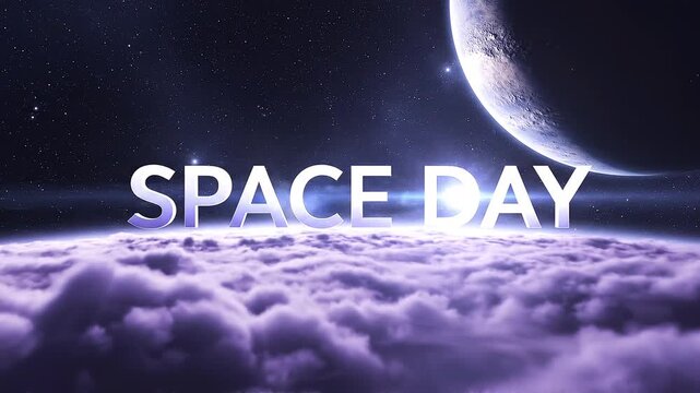 Space Day Text Over Purple Clouds With Planet And Stars In Background holiday celebration