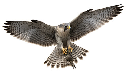 Fototapeta premium Peregrine falcon in flight with spread wings and sharp talons carrying prey isolated against a plain white studio background