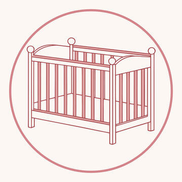 Red baby crib inside a circle nursery