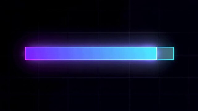 A vibrant, glowing neon progress bar with a smooth blue and purple gradient indicates loading or completion on a dark background.