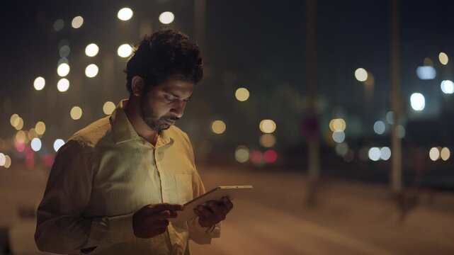 Outdoor night shot of a middle-aged Indian office male corporate executive in formal attire standing on sidewalk, busy browsing on laptop or tablet, with bokeh of moving traffic and pedestrians behind