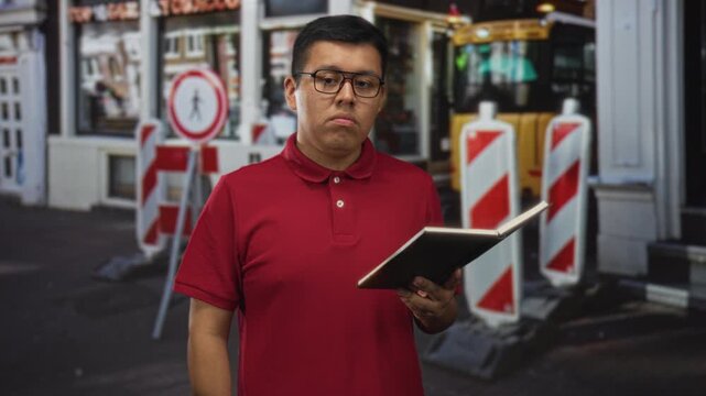 Young hispanic man in red polo holding an open book and reading with glasses on a city street; quiet contemplation.