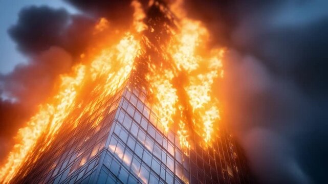 Inferno's Embrace: A skyscraper engulfed in an apocalyptic blaze, as flames devour the towering structure, casting an eerie glow against the dark and stormy sky.