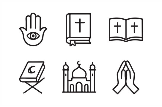 Religious symbols depicted in a minimalist line art style hamsa bible mosque and prayer