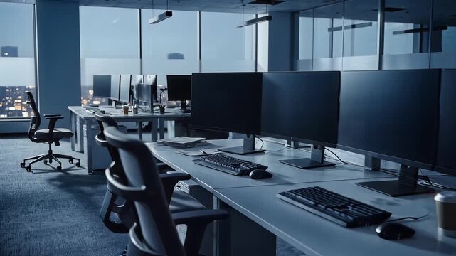 Abandoned modern office interior at night, signifying corporate struggles and closure.