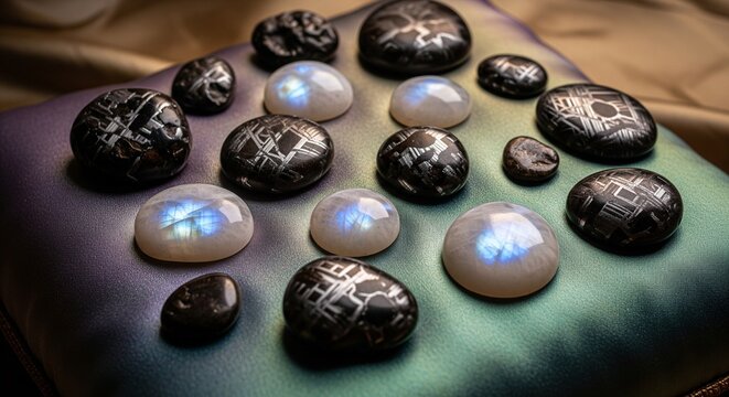 A collection of polished moonstones with blue adularescence and dark stones with silver runic or geometric engravings lying on a silk fabric.