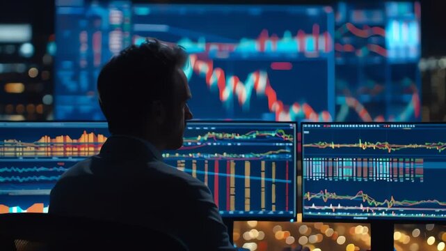 Businessman or stock trader using multiple screen for trading and investment while monitoring global stock market charts