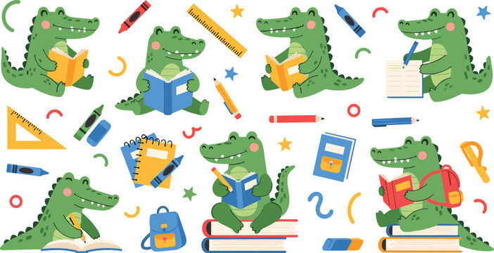 Cute cartoon crocodile students reading books and studying with school supplies playful educational vector illustration set for kids learning
