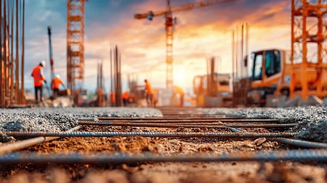 Building Progress in Golden Hour: A construction site comes alive during a vibrant sunset, showcasing the intricate web of development with a blend of man and machine