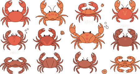 Hand drawn vector illustration set of red and orange crabs in various poses with bubbles and sand for marine life underwater nature designs. © Hosneara