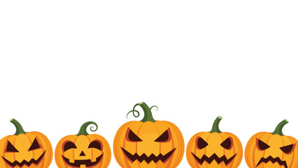 Obraz premium Row of five differently carved orange jack-o-lantern pumpkins with scary faces is shown at the bottom of the image.