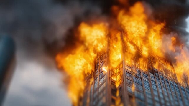Tower Inferno: A towering skyscraper is consumed by an inferno, flames engulfing its structure. Capturing the raw destructive force of a disaster