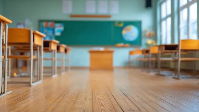 Classroom Perspective: An inviting classroom setup features rows of desks facing a blackboard, suggesting a learning environment, focus on learning and development.