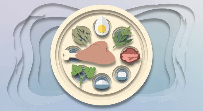 A Seder plate with symbolic foods arranged for the Passover holiday, including a shank bone, egg, bitter herbs, and charoset.