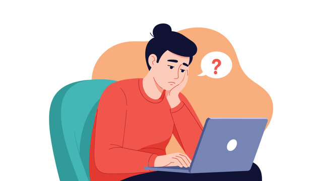 Concerned woman sits at her laptop looking puzzled with a question mark bubble suggesting confusion or technical problems.