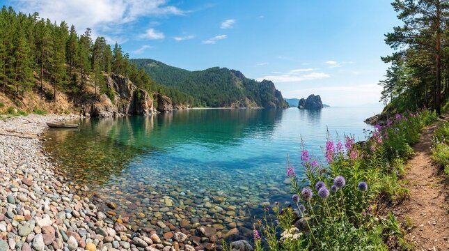Outstanding nature view of the lake Baikal, mountains and forest, landscape background