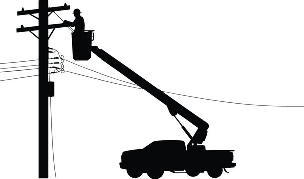 Electric lineman repairing power line from bucket truck on utility pole, electricity maintenance worker silhouette, black vector illustration isolated on white background