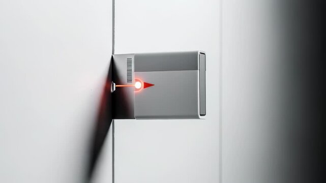 Electronic sensor with glowing red indicator light mounted on white wall. Motion detector activation sequence for security system monitoring, safety technology.