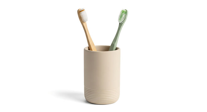 Toothbrushes in a beige ceramic holder on white background