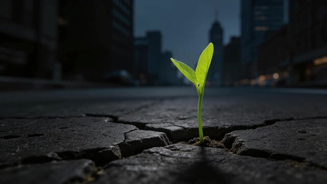 Young green plant sprouting through cracked urban asphalt road symbolizing growth and resilience