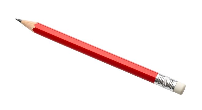 Red pencil with silver ferrule and eraser on white background