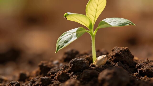 Close up of young green seedling sprouting from fertile soil with seed in natural sunlight