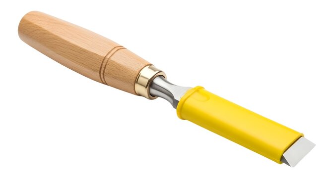 Yellow handled wood carving chisel with wooden handle and gold metal ferrule for precise woodworking and carving tasks effectively