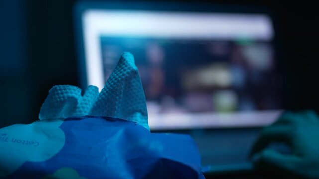 Pack of napkins silhouetted against glowing screen in darkness