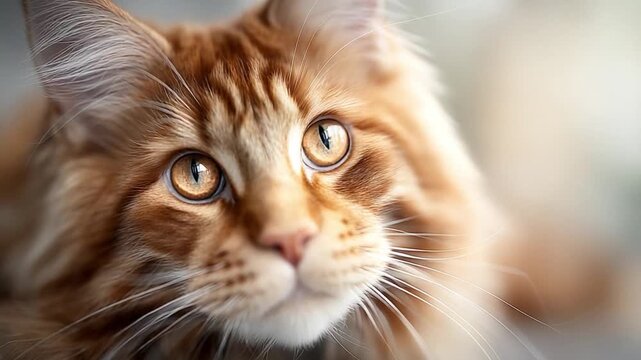 Maine Coon's gaze: Close-up of a majestic Maine Coon cat, its amber eyes captivating, showcasing its stunning fur and elegant features.