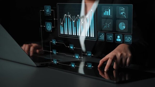 Data flow from database and cloud to processing and analytics dashboards, representing data analysis, automation, insight generation, and digital intelligence Marrow