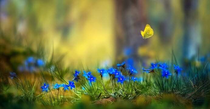beautiful spring meadow with blue primrose flowers and green grass, blurred background of trees in the park on a sunny day. a yellow butterfly is flying over the field
