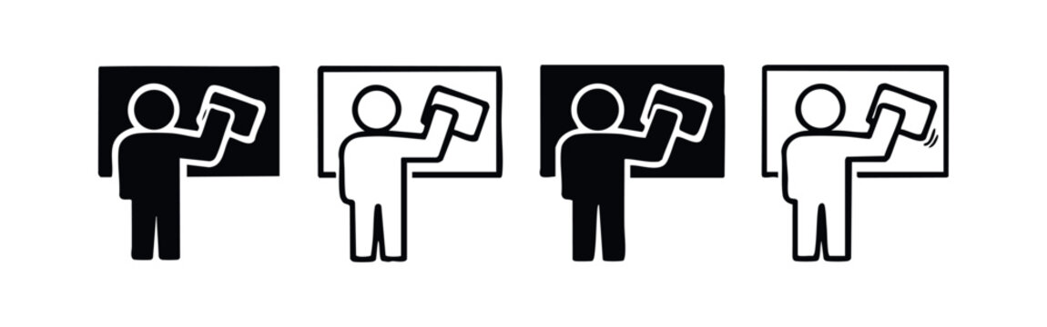 Person Erasing Whiteboard or Blackboard Icon Set. Vector glyph symbols for cleaning, teaching, and education.