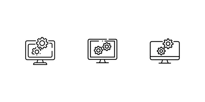 Three outline icons of computer monitors with gears suggesting system settings, development process and technical operations