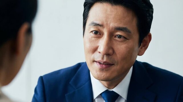 Serious Asian  businessman in suit listening during meeting in office, professional communication, corporate leadership concept, focus and decision making, executive mindset